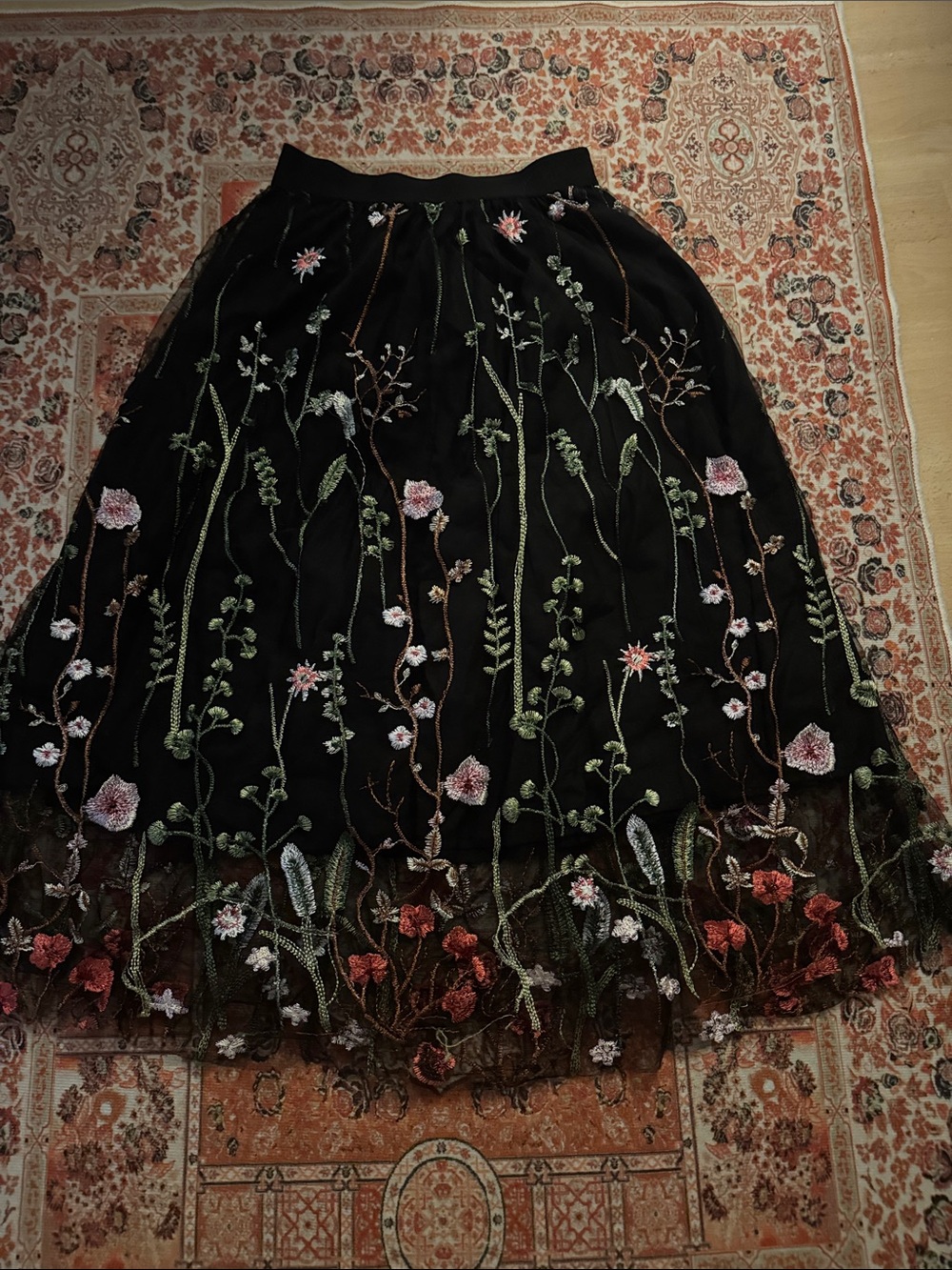 Black Embroidered Floral Midi Skirt